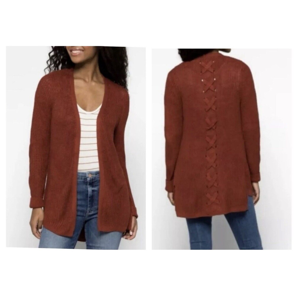 Rust Orange sz Small Long Cardigan Cozy‎ Comfort Sweater Back Lace Up Detail